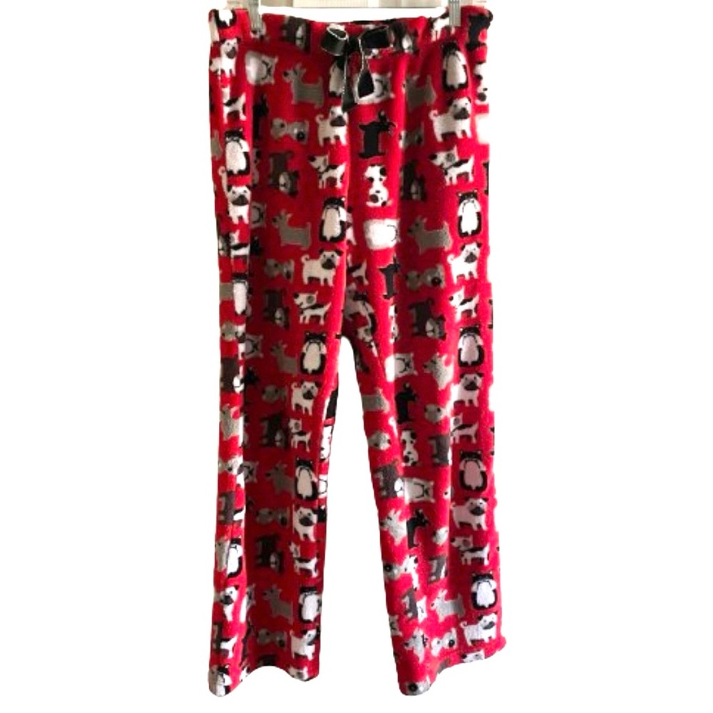 Fleece dog print lounge pajama pants, Elastic & tie waist